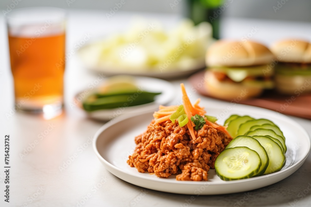 sloppy joe with pickled cucumber slices on the side sloppy joe with pickled cucumber slices on the side