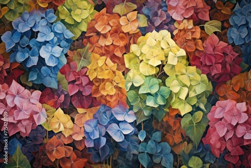  a close up of a painting of a bunch of flowers with many colors of flowers in the middle of the picture.