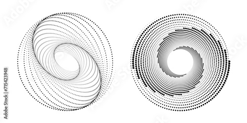 Halftone circular dotted frame set. Circle dots isolated on white background. Logo design element for medical, care, cosmetics. Round the border using halftone circle dots spiral
