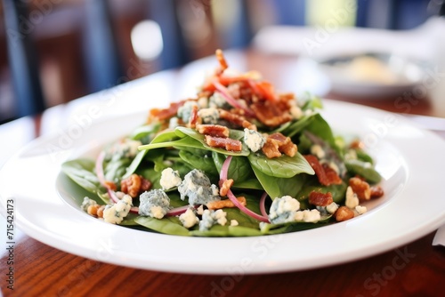 close-up of spinach bacon salad with blue cheese and walnuts