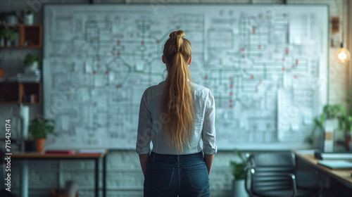 A trial lawyer business woman in office scrutinizes looking a large flowchart screen on the wall, technology strategy concept