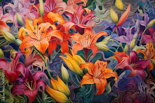  a painting of orange and pink flowers with swirls and swirls on the bottom of the painting is a multicolored background.