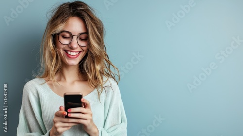 A young woman joyfully smiles while holding her smartphone against a serene light blue background, radiating positivity in a modern, connected world