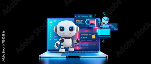 A friendly robot with digital charts and icons on a laptop interface. Interactive Robot with Digital Interface on Laptop. AI chat bot chatting with customer. Vector illustration