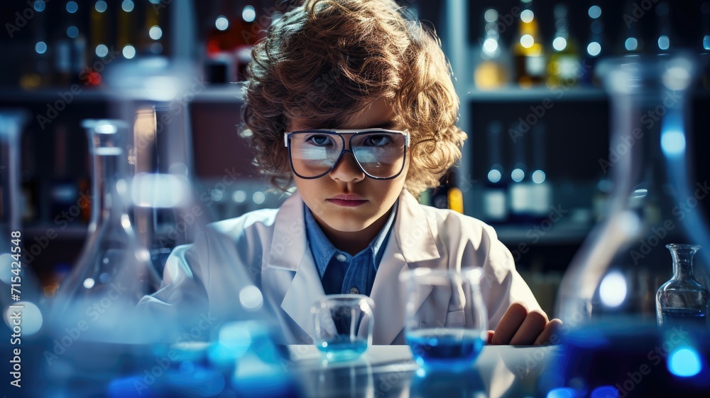 Child in lab coat conducting experiments with a serious expression. Child in lab coat conducting experiments with a serious expression.