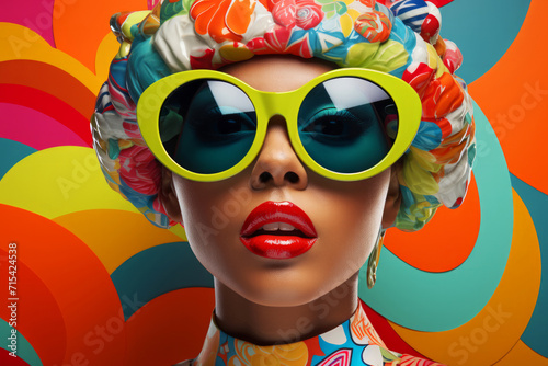Modern pop art portrait of beautiful woman in green sunglasses on bright colorful background. Contemporary drawing painting poster of stylish fashion people in vintage retro style