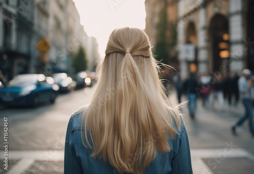 Rear view of woman blonde walking on busy city street, blurred background 