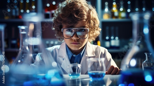 Child in lab coat conducting experiments with a serious expression.