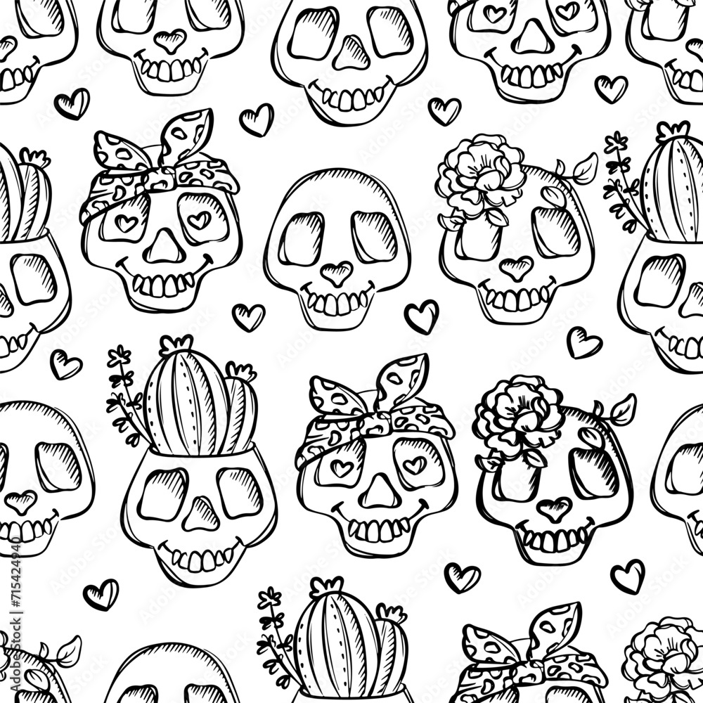 CARTOON SKULLS WITH FLOWERS Smiling On White Background With Bow Snake And Flower Scary Monochrome Sketch Popular Halloween Holiday Horror Vector Pattern Print