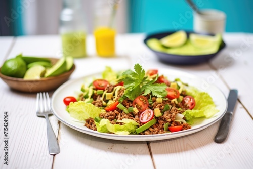 healthy taco salad with turkey mince and avocado dressing