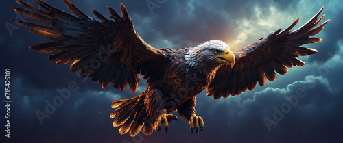 A majestic eagle flying in the stormy sky. A symbol of freedom, 3d render, Panoramic  photo