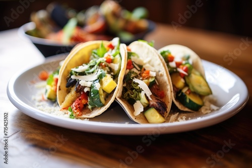 tacos with grilled veggies and feta cheese, focus on cheese crumbles