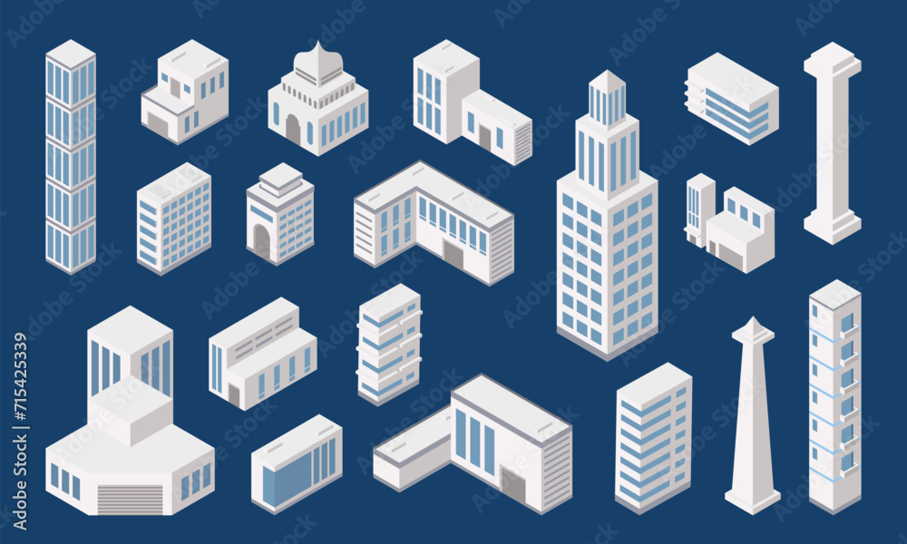 Isometric urban city downtown district architecture buildings. Skyscraper buildings, hospital school and shop vector illustration set. Modern city buildings isometric downtown architecture