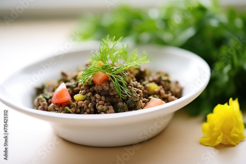 tapenade with herbs garnish in a bright setting