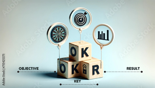 OKR Strategy-Targeting Objective Key and Result. A creative depiction of the OKR strategy connecting objective key action and result focusing on common goal for driving business growth and performance photo