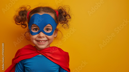 a smiling kid in a blue outfit with a red cape, giving the impression of a superhero costume, generative ai