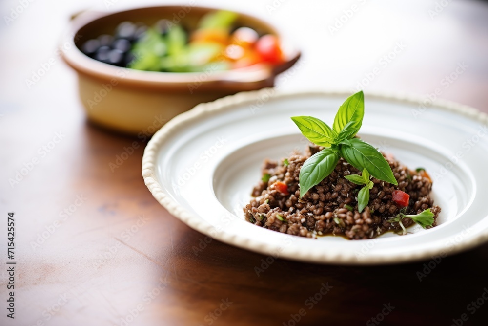 tapenade in a clay dish with a side of fresh basil tapenade in a clay dish with a side of fresh basil