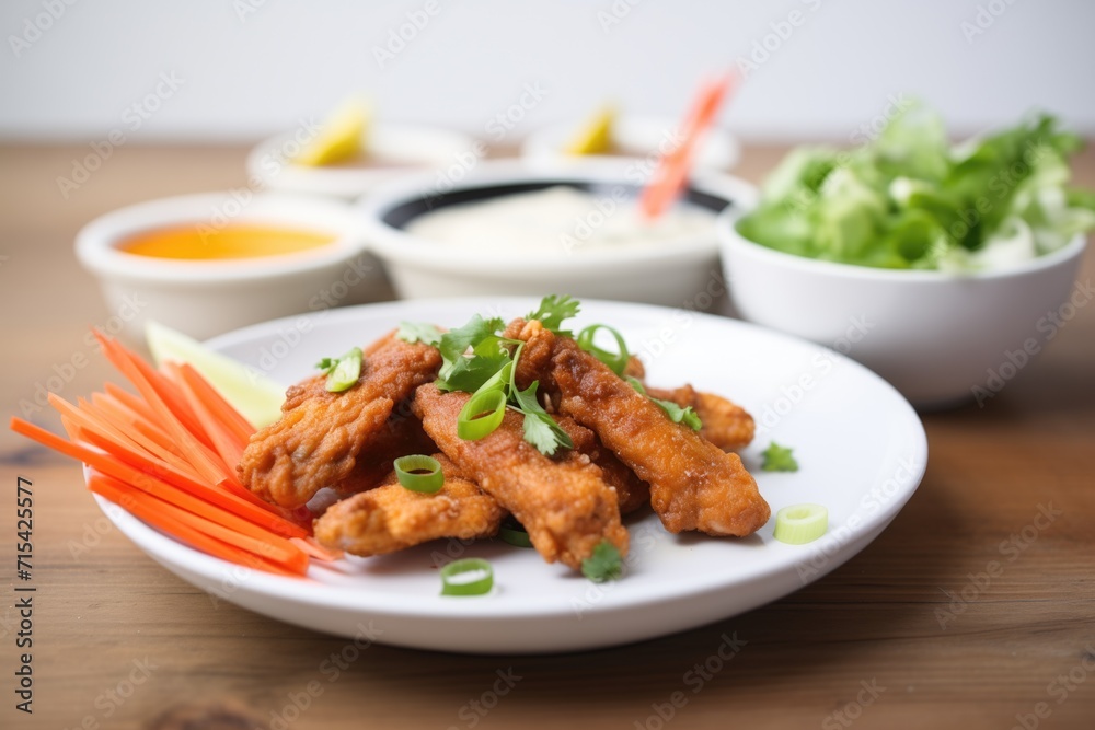 buffalo tempeh wings with carrot sticks and dip