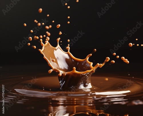 a dynamic splash of a brown liquid, coffee or chocolate, frozen mid-air against a dark background, generative ai