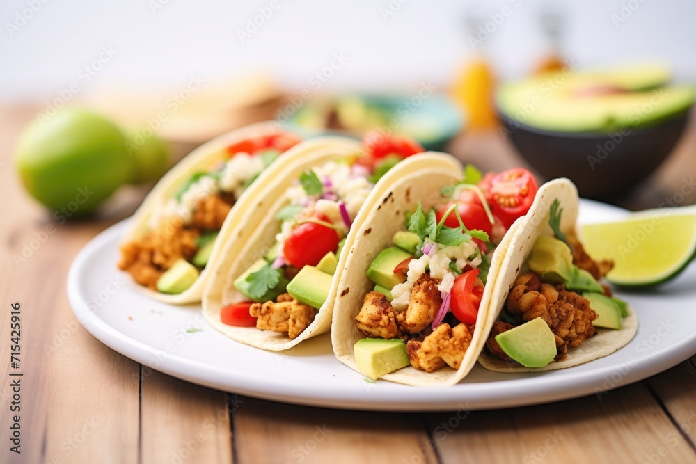 tempeh tacos with avocado and salsa in soft shells tempeh tacos with avocado and salsa in soft shells