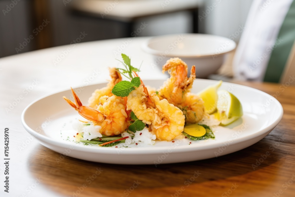 puffy tempura shrimp with tails on a clean plate