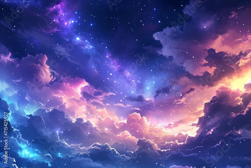 anime sky at night with a beautiful clouds and colorful image of universe