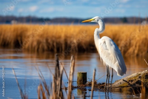  a white egret standing on a log in the middle of a body of water with reeds in the background.