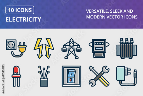 Electricity Thick Line Filled Dark Colors Icons Set