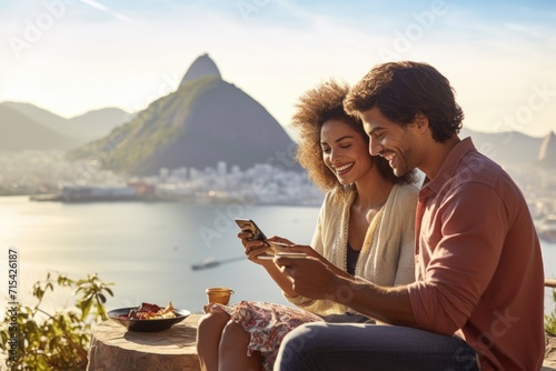 Foto Multiethnic couple breakfasting and photographing Rio skyline