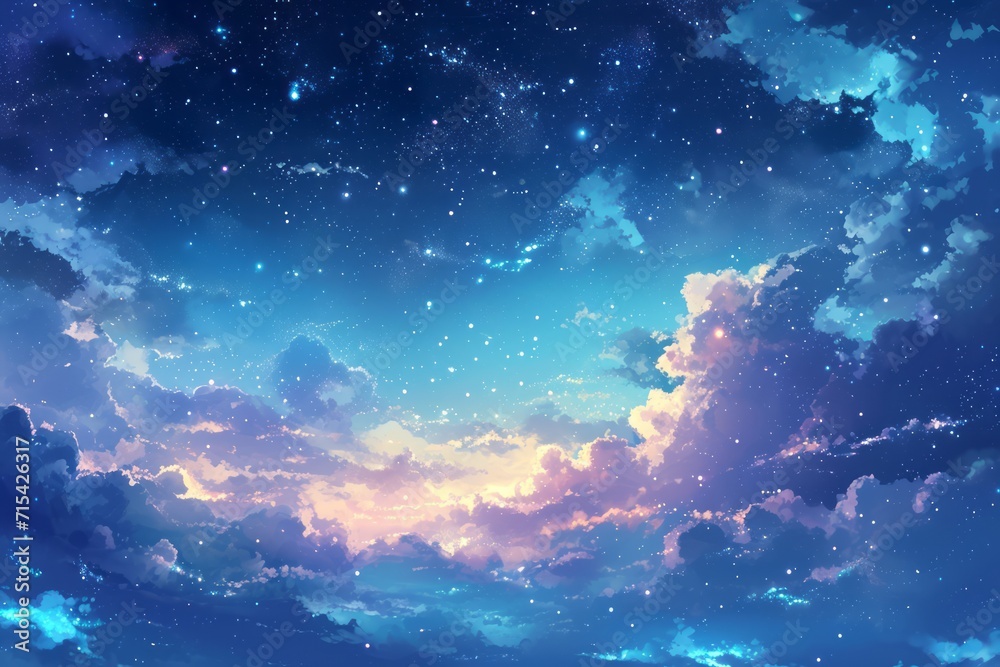 anime sky at night with a beautiful clouds and colorful image of universe