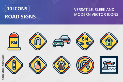 Road Signs Thick Line Filled Dark Colors Icons Set