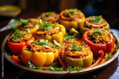  a plate full of stuffed bell peppers topped with seasoning and garnished with cilantro and parsley.