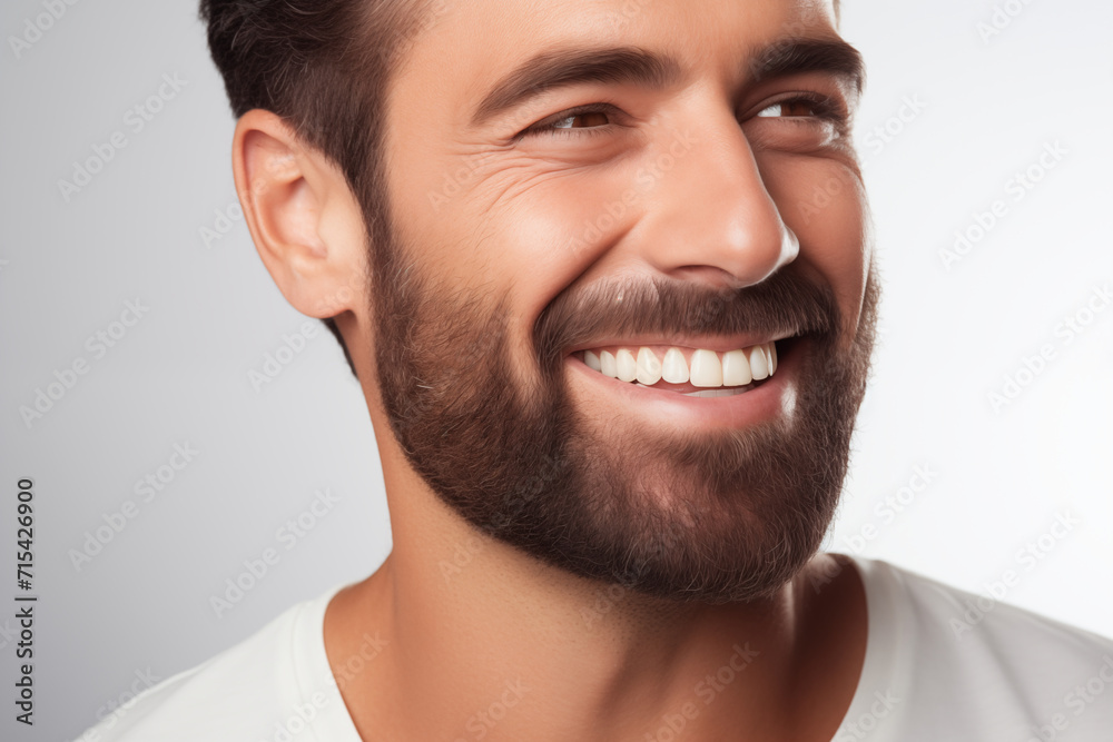 Fototapeta premium a closeup photo portrait of a handsome man smiling with clean teeth. used for a dental ad. guy with fresh stylish hair and beard with strong jawline. isolated on white background.