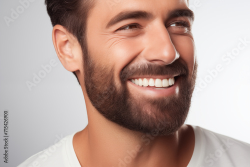 a closeup photo portrait of a handsome man smiling with clean teeth. used for a dental ad. guy with fresh stylish hair and beard with strong jawline. isolated on white background.