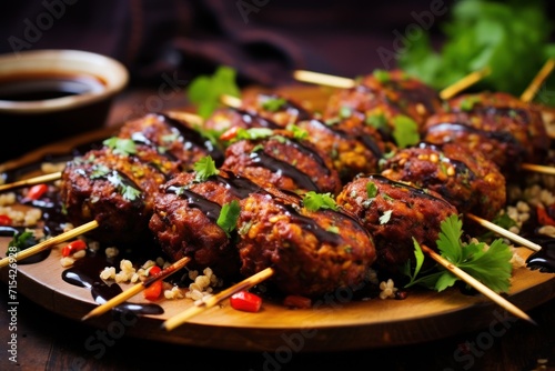  a close up of a plate of food with skewered skewers of meat with sauce and garnishes.
