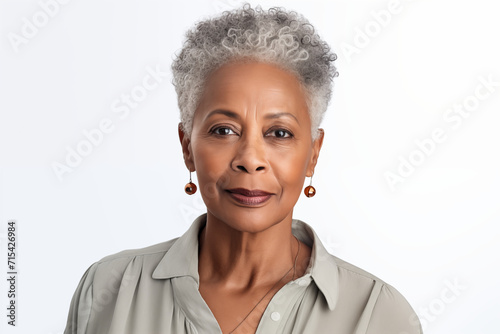 close-up portrait of a senior old black african american woman with grey hair, studio photo, isolated on white background © ERiK