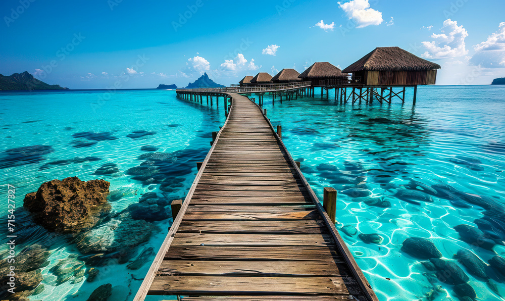 Serene tropical paradise with a wooden pier leading to overwater bungalows in a crystal-clear turquoise sea against a vibrant blue sky