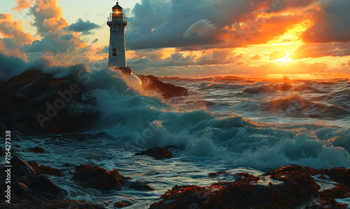 Dramatic scene of a lighthouse standing resilient against tumultuous sea waves under a stormy sky at sunset, symbolizing guidance and safety photo