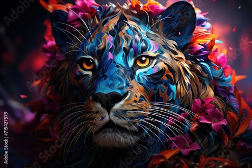  a close up of a tiger's face with a lot of colorful flowers on it's head and a black background.