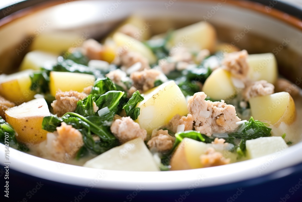 macro of zuppa toscana, sausage chunks focused macro of zuppa toscana, sausage chunks focused