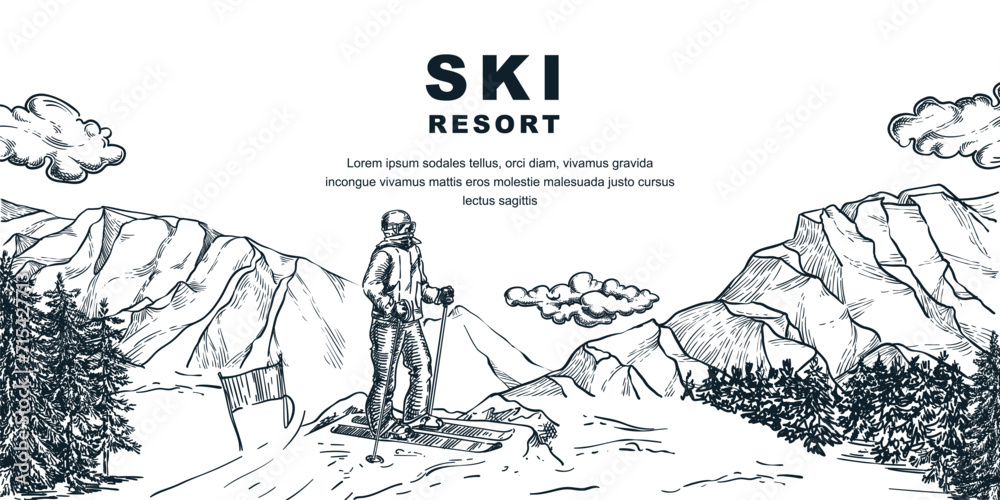 Ski resort banner. Skier on slope vector hand drawn sketch illustration. Winter background with mountains pine forest - obrazy, fototapety, plakaty 