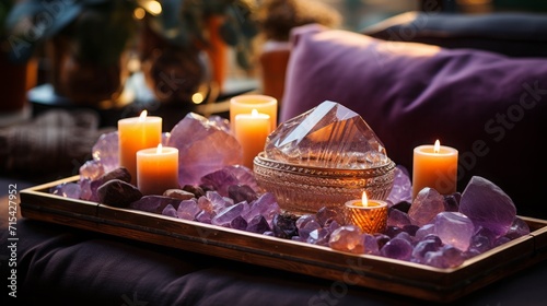 Ametrine gemstone placed on an ornate cloth with candles and crystals photo