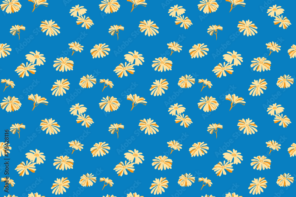 Bright creative simple yellow flowers seamless pattern on a blue background. Vector hand drawn doodle. Trendy summer floral printing. Template for design, ornament, fashion, textile, fabric