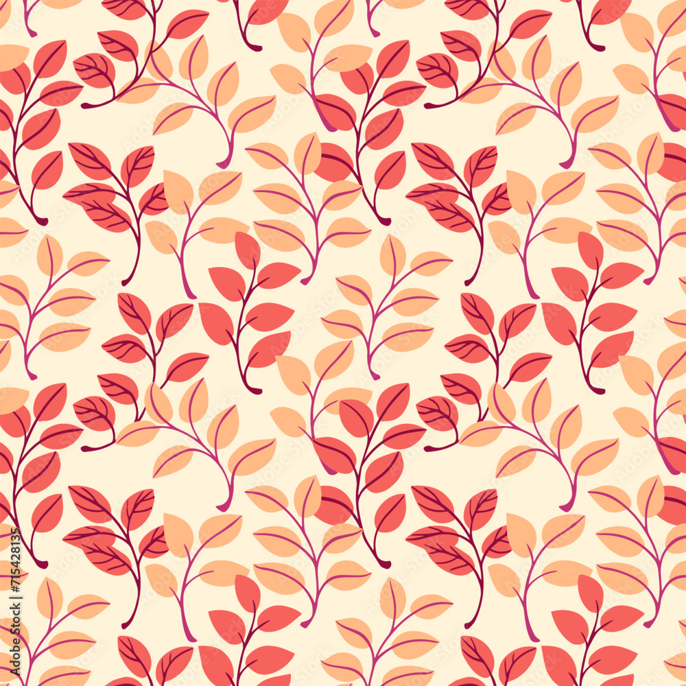 Stylized bright orange yellow tiny branches leaves intertwined in a seamless pattern. Vector hand drawn colorful doodle. Creative autumn small leaf stems background. Template for design, fabric