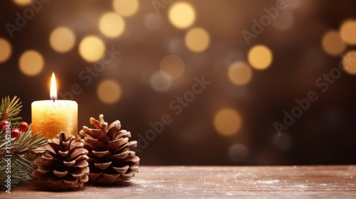  a close up of a candle and a pine cone on a table with a boke of lights in the background.