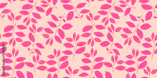 Creative  abstract  modern  pink leaves branches intertwined in a seamless pattern. Vector hand drawn. Stylized simple floral stems on a light beige background. Template for design  textile  fashion