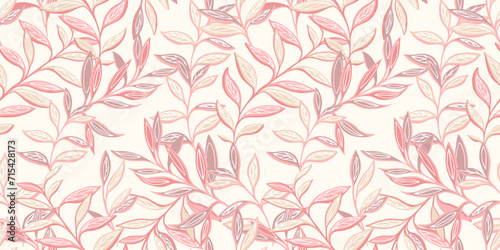 Abstract, stylized large branches leaves intertwined in a seamless pattern. Modern, monotone pink, beige floral background. Vector hand drawn. Template for textile, fashion, print, surface design