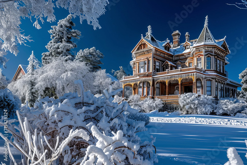 A beautiful Victorian-style mansion is enveloped in a layer of snow and ice, creating a striking contrast against the deep blue sky.