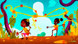 Group of children playing with ball in cartoon style with sky background