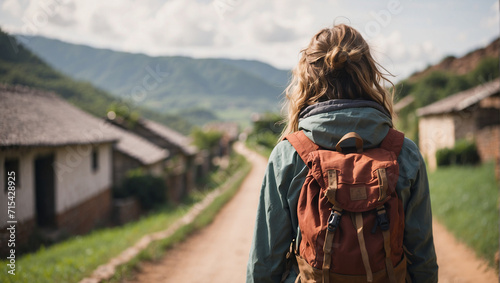 back view of a female backpacker with a village road in the background